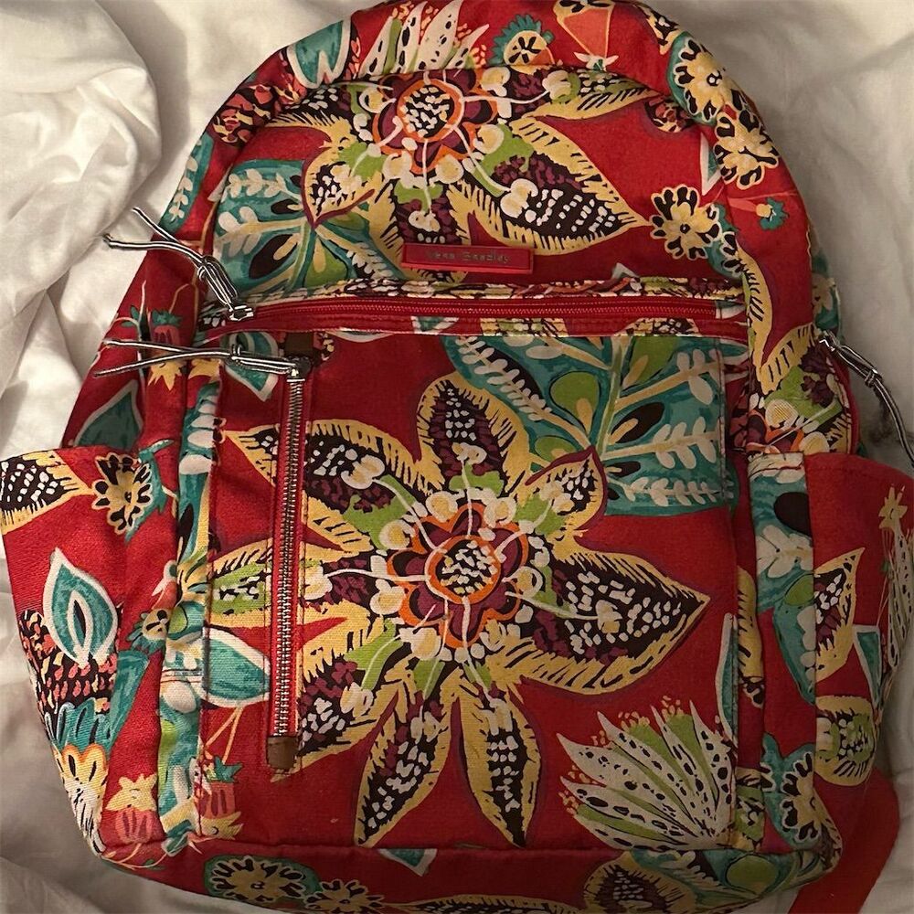 Vera Bradley Red Floral Backpack with Teal and Yellow Accents
